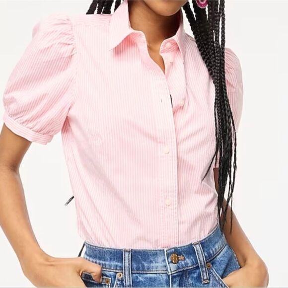 J Crew Factory Striped puff-sleeve button-up, pink and white size Large, NWT C29 - Picture 1 of 8